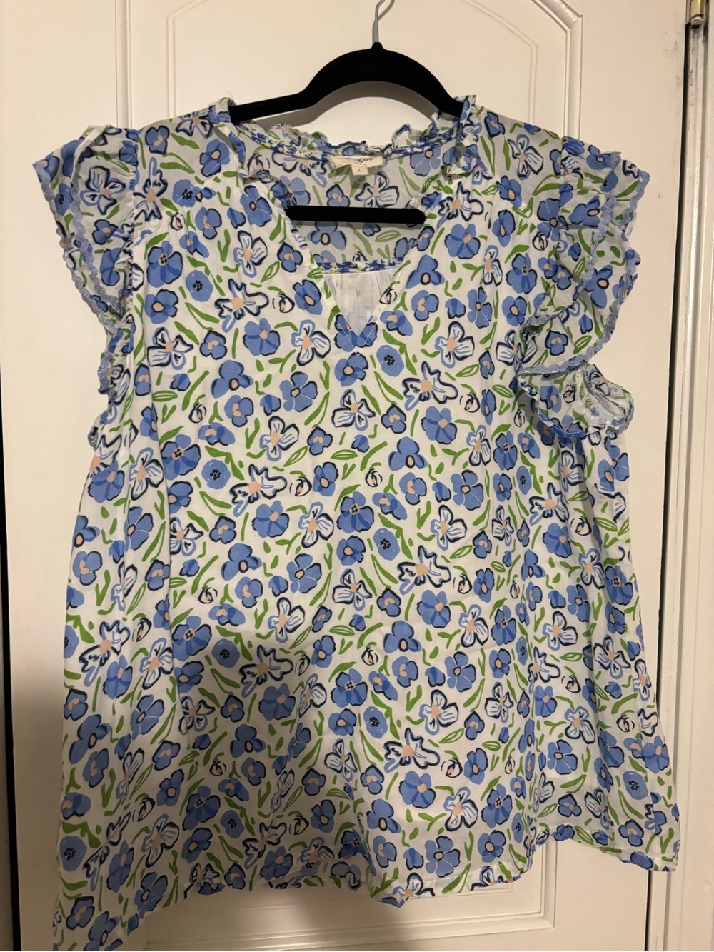 Umgee Blue Floral Ruffle Sleeve Blouse